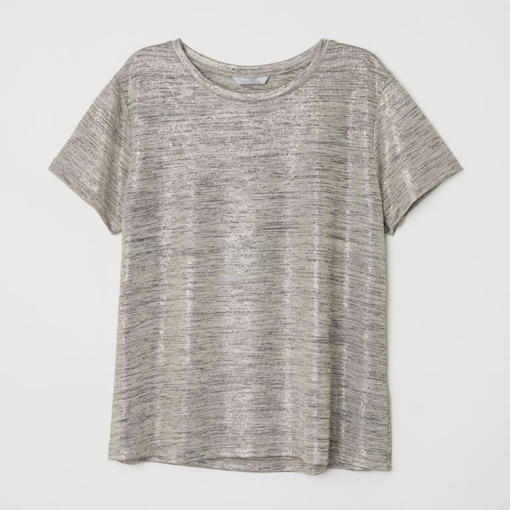 Glossy Metallic Jersey Short Sleeve Semi-Sheer T-Shirt Top